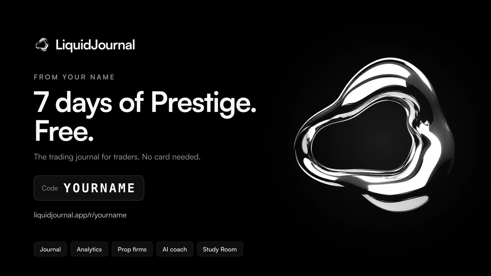 Wide banner: From your name, 7 days of Prestige free, code YOURNAME, liquidjournal.app/r/yourname