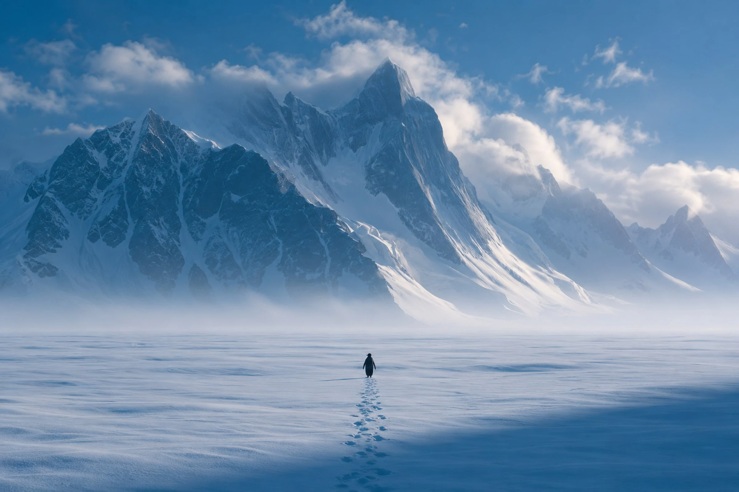 A single penguin crossing an empty snowfield toward a range of mountains, its own tracks behind it.